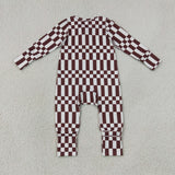 LR3114 Brown Plaid White Baby Footie Sleepers Romper