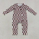 LR3114 Brown Plaid White Baby Footie Sleepers Romper