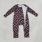 LR3115 Brown Black Plaid Baby Footie Sleepers Romper