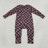 LR3115 Brown Black Plaid Baby Footie Sleepers Romper