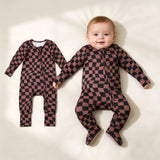 LR3115 Brown Black Plaid Baby Footie Sleepers Romper