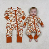 LR3119 Thanksgiving Day Turkey Pumpkin Bows Baby Footie Sleepers Romper