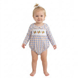 LR3132 Embroidery Thanksgiving Day Turkey Plaid Baby Bubble Romper