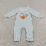 LR3137 Embroidery Fall Pumpkin Stripe Green Baby Girls Romper