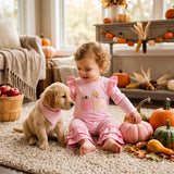 LR3140 Embroidery Fall Pumpkin Dog Pink Stripe Baby Girls Romper