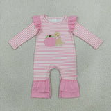 Embroidery Fall Pumpkin Dog Pink Stripe Kids Girls Clothes