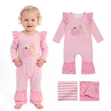 LR3140 Embroidery Fall Pumpkin Dog Pink Stripe Baby Girls Romper