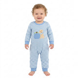 LR3141 Embroidery Fall Pumpkin Dog Blue Stripe Baby Boys Romper