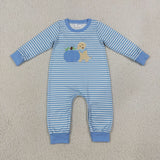LR3141 Embroidery Fall Pumpkin Dog Blue Stripe Baby Boys Romper