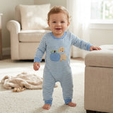 LR3141 Embroidery Fall Pumpkin Dog Blue Stripe Baby Boys Romper
