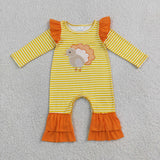 LR3144 Embroidery Thanksgiving Day Turkey Stripe Ruffles Baby Girls Romper