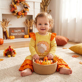 LR3144 Embroidery Thanksgiving Day Turkey Stripe Ruffles Baby Girls Romper
