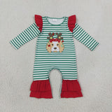 LR3145 Embroidery Christmas Elk Stripe Ruffles Baby Girls Romper