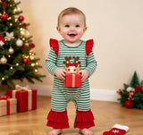 LR3145 Embroidery Christmas Elk Stripe Ruffles Baby Girls Romper
