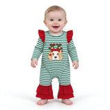 LR3145 Embroidery Christmas Elk Stripe Ruffles Baby Girls Romper