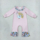 LR3216 Embroidery Thanksgiving Day Turkey Flower Baby Girls Romper