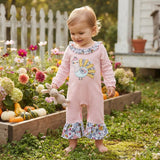 LR3216 Embroidery Thanksgiving Day Turkey Flower Baby Girls Romper