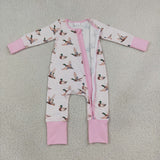 LR3218 Mallard Ducks Stripe Pink Baby Footie Sleepers Romper