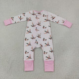 LR3218 Mallard Ducks Stripe Pink Baby Footie Sleepers Romper