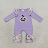 LR3221 Embroidery Halloween Pumpkin Flower Baby Girls Romper