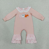 LR3223 Embroidery Halloween Boo Ghost Pumpkin Pink Baby Girls Romper