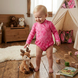 LR3224 Hunting Leaves Rose Red Mockneck Baby Girls Bubble Romper