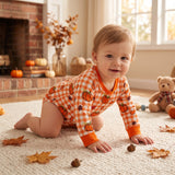 LR3236 Pumpkin Leaves Plaid Baby Boys Romper