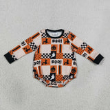 LR3239 Halloween Pumpkin BOO Plaid Baby Boys Romper