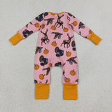 LR3252 Fall Pumpkin Hunting Print Baby Footie Sleepers Romper