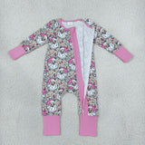 LR3305 Christmas Santa Camo Pink Ruffle Baby Footie Sleepers Romper