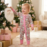 LR3305 Christmas Santa Camo Pink Ruffle Baby Footie Sleepers Romper