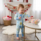 LR3326 Valentine's Love Stripe Blue Baby Footie Sleepers Romper
