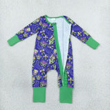 LR3334 Mardi Gras Mask Ruffle Baby Footie Sleepers Romper