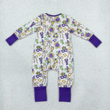 LR3335 Mardi Gras Mask Purple Ruffle Baby Footie Sleepers Romper