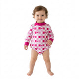 LR3337 Valentine's Day Love Plaid Rose Red Mockneck Baby Bubble Romper