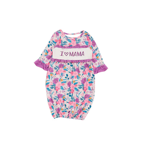 Preorder 12.13 MOQ 5 pcs NB0050 I LOVE MOM Flower Purple Baby Newborn Sleepers Gown
