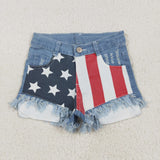 US Warehouse NC0003 Summer Kids Stripe Star Ripped Fashion Denim Girl's Shorts