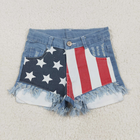 NC0003 Summer Kids Stripe Star Ripped Fashion Denim Girl's Shorts