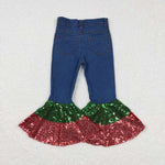 P0113 Christmas Fashion Red Green Sequins Denim Flared Girl's Pants Jeans