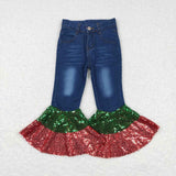 P0113 Christmas Fashion Red Green Sequins Denim Flared Girl's Pants Jeans