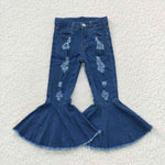 P0133 Blue Hole Denim Flared Girl's Pants Jeans