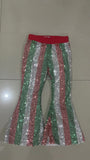 P0199 Boutique Red Green Stripe Shiny Sequin Pants