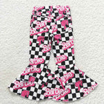 P0243 Hot Pink Plaid Denim Flared Girl's Pants Jeans