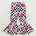 P0243 Hot Pink Plaid Denim Flared Girl's Pants Jeans