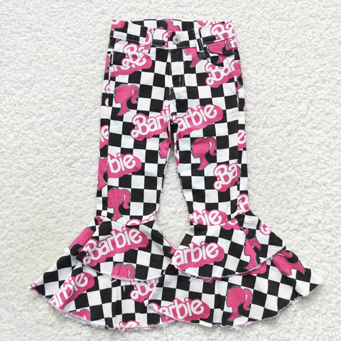 P0243 Hot Pink Plaid Denim Flared Girl's Pants Jeans