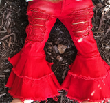 P0270 Red Ripped Denim Flared Girl's Pants Jeans