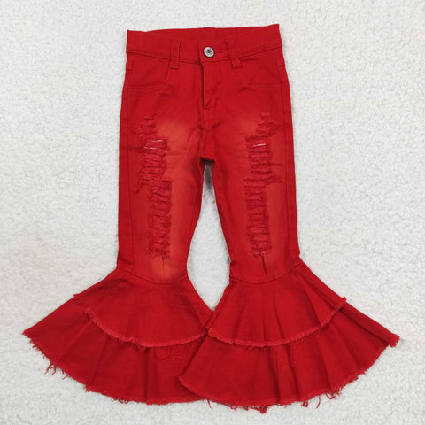 P0270 Red Ripped Denim Flared Girl's Pants Jeans