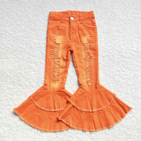 P0271 Orange Ripped Denim Flared Girl's Pants Jeans