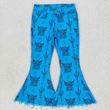 P0281 Western Cactus Cow Blue Denim Flared Girl's Pants Jeans