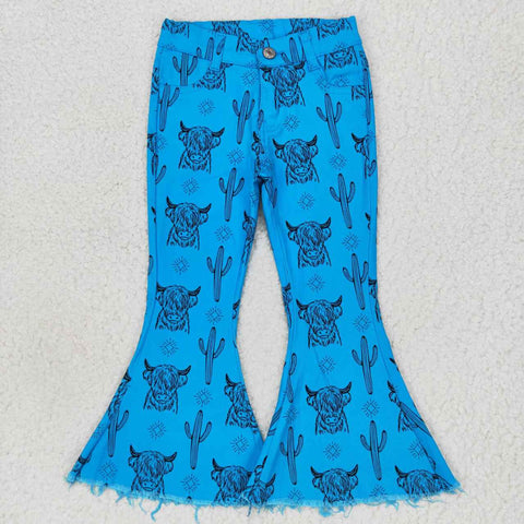 P0281 Western Cactus Cow Blue Denim Flared Girl's Pants Jeans